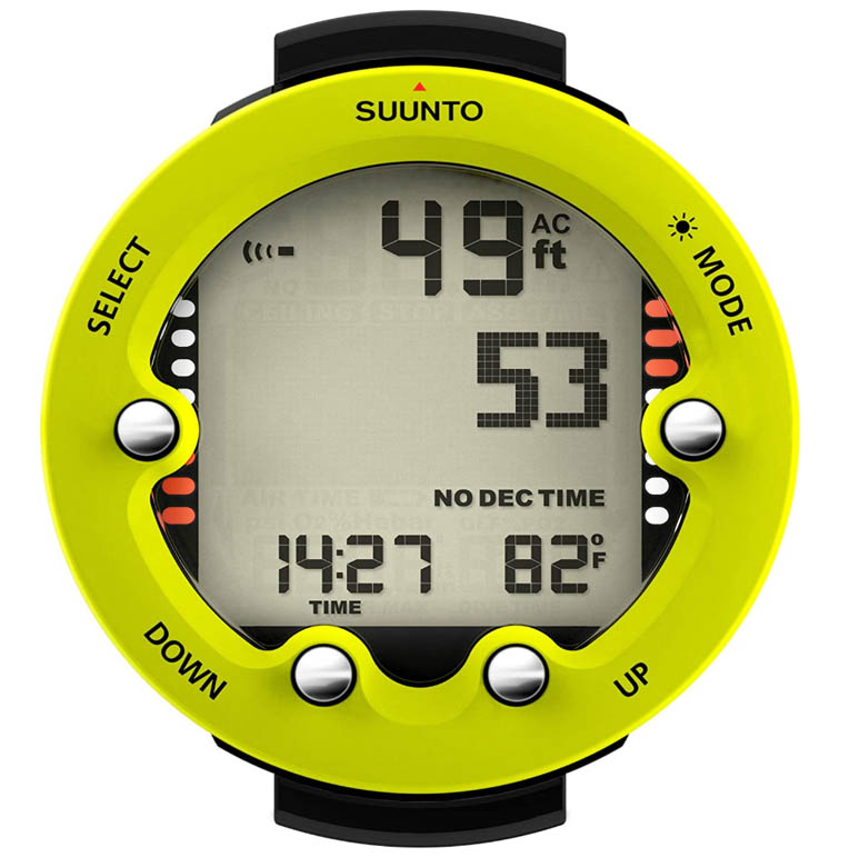 a neon yellow dive computer watch made by suunto is must have gear for beginners