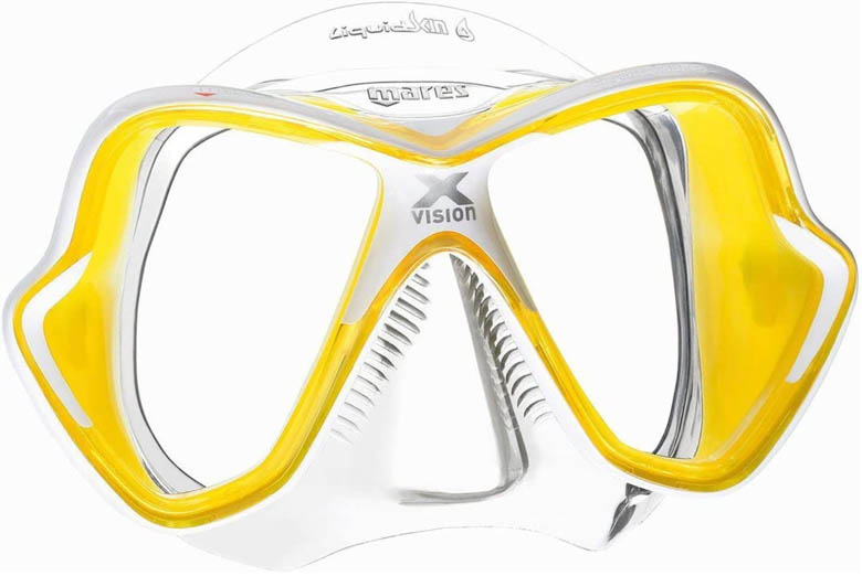 a yellow scuba diving mask with transparent silicone edging that's suitable for beginners