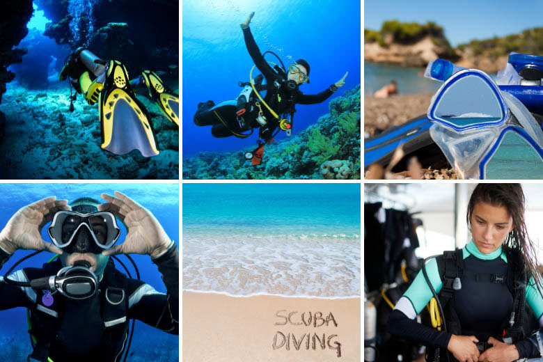a collage of divers wearing different types of scuba gear whilst diving