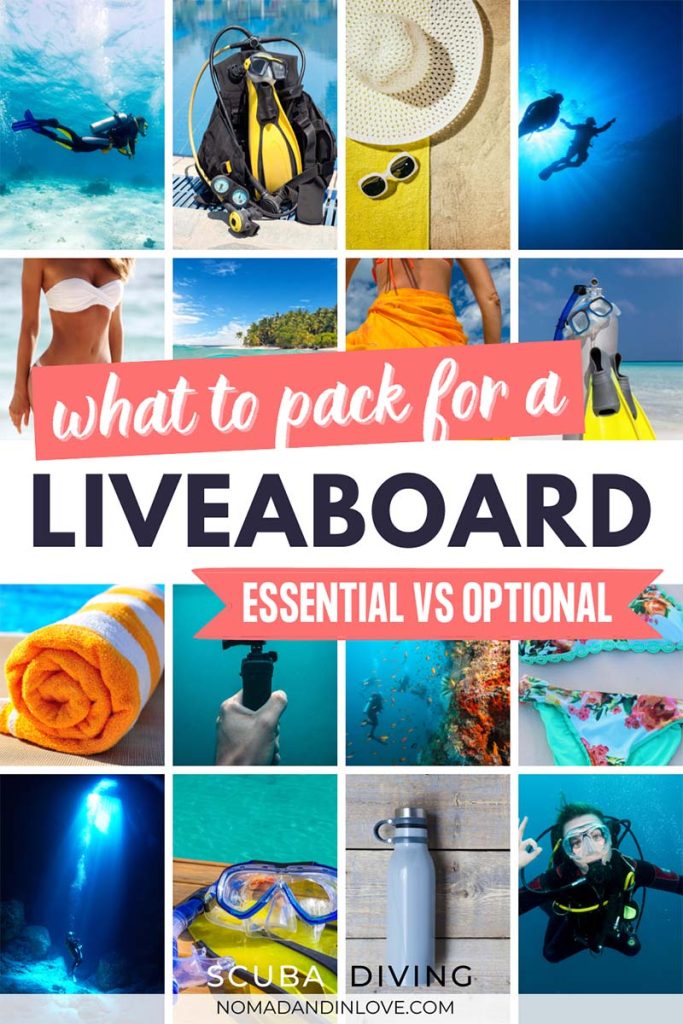 a travel guide on what to pack for a liveaboard dive trip with a collage of scuba gear and items in the background