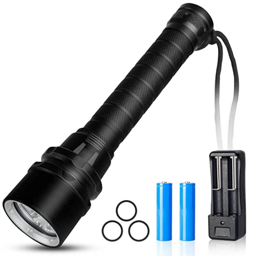 black scuba diving torch and flashlight with rechargeble batteries