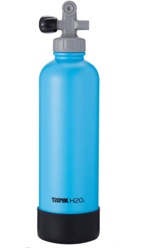 a blue scuba-themed water bottle in a shape of an diving air tank