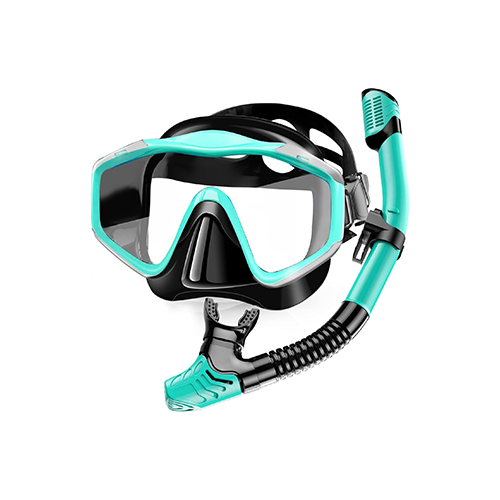 a set of snorkeling gear including a blue snorkel and a matching blue diving mask with a clear lens, ideal for underwater exploration