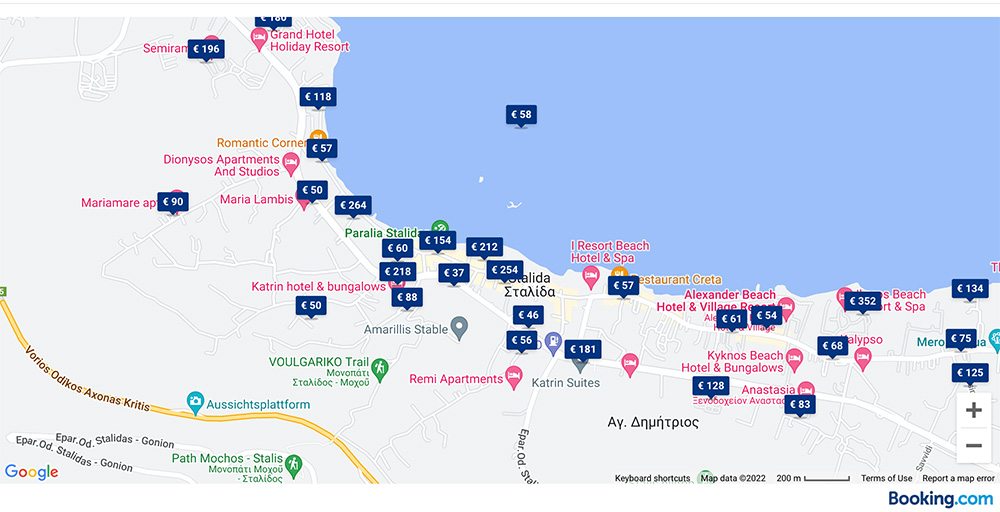 a map to compare different hotel prices in stalida or stalis crete