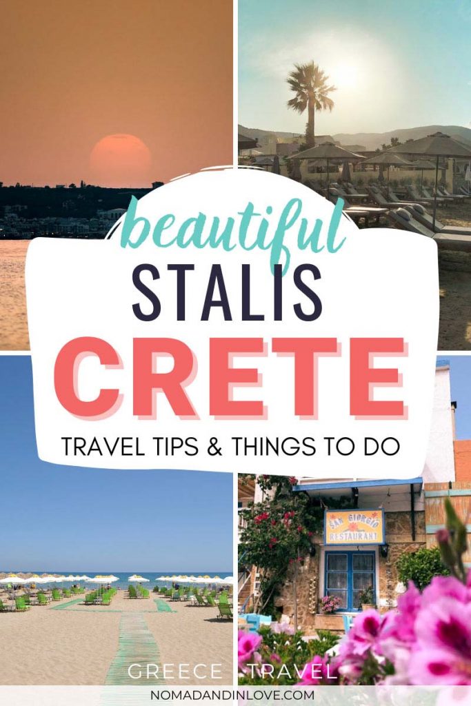 a vertical pinterest save image for a greece travel guide on the beautiful coastal town stalida in crete greece