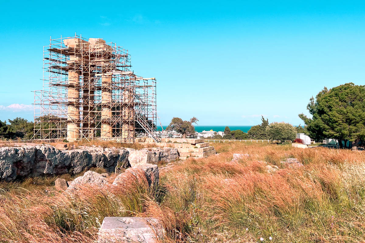 columns of the rhodes acropolis in greece surrounded by scaffolding