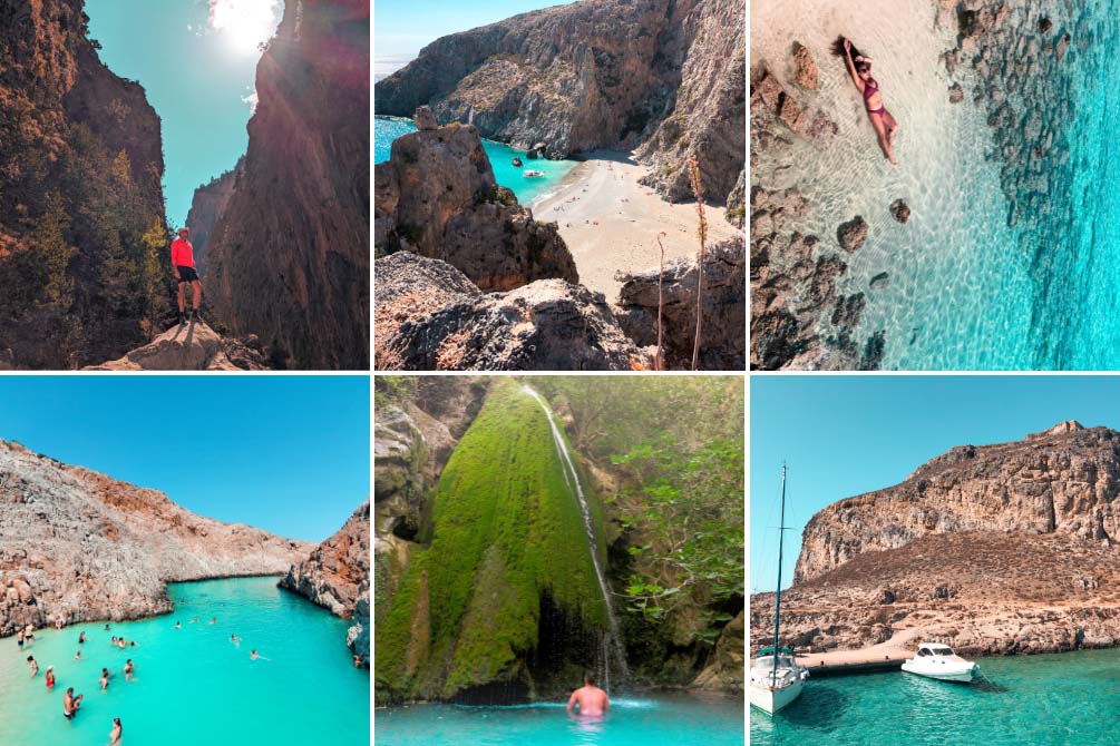 a collage of best beaches, waterfalls and hikes to do in two weeks in crete