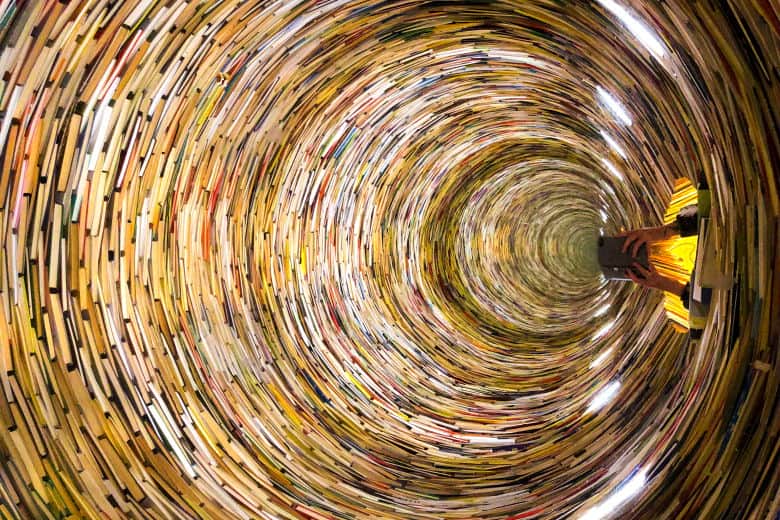 an infinity book tower art installation is an unique and unusual thing to do in prague