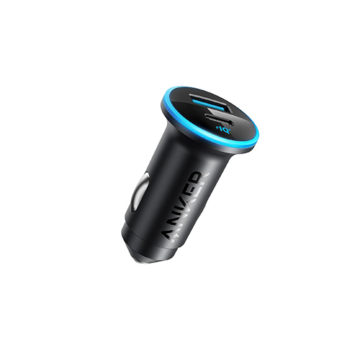 a black USB-C car charger, designed to fit into a car's cigarette lighter socket and charging multiple devices