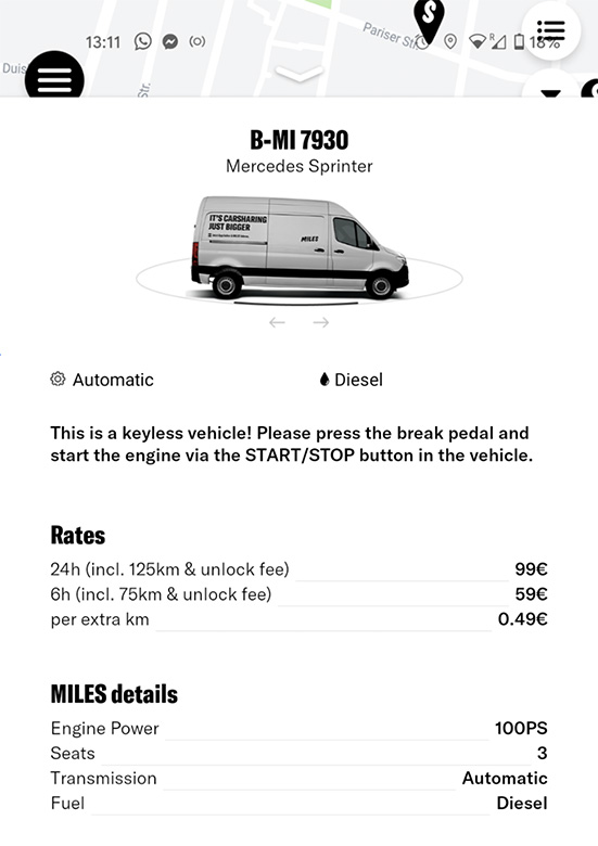 screenshot of the mercedes sprinter van rental including prices with miles carsharing 