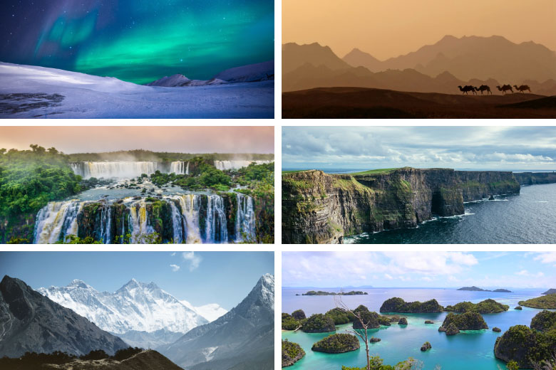 armchair travel experiences of the top natural attractions in the world including the northern lights, cliffs of moher, niagra falls and raja ampat