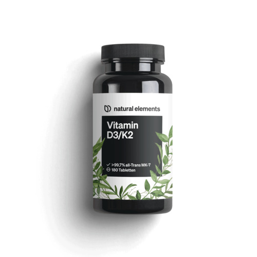 a bottle of Natural Elements Vitamin D3 + K2 tablets