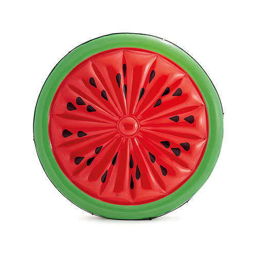 an inflatable floating device in the shape of a watermelon
