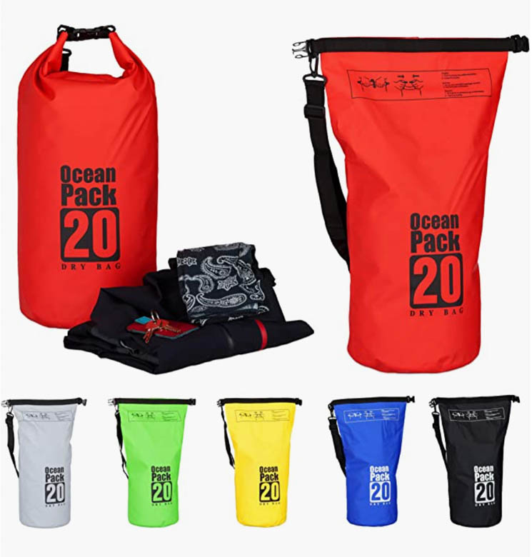 dry bags in different colors made by ocean pack brand