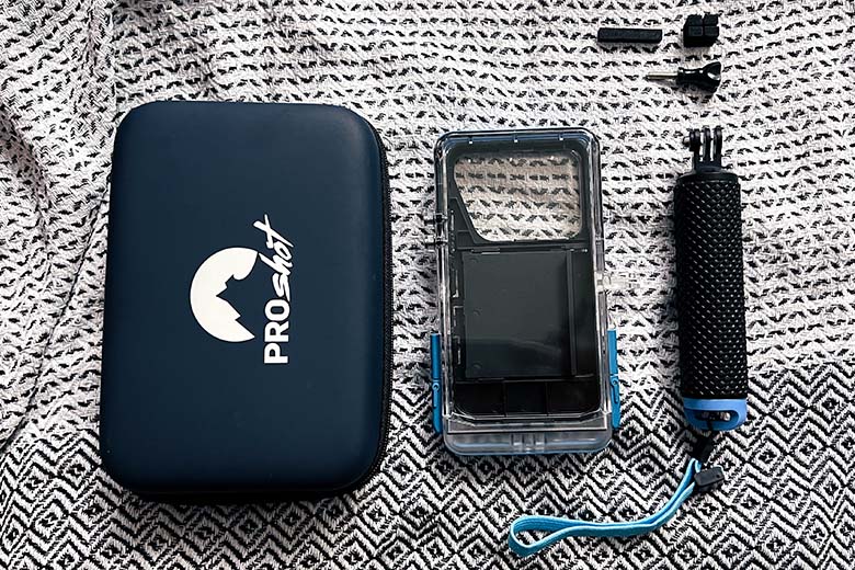 the waterproof iphone case by proshot with a protective travel case, floating hand grip, attachment screw and foam adjustment pieces