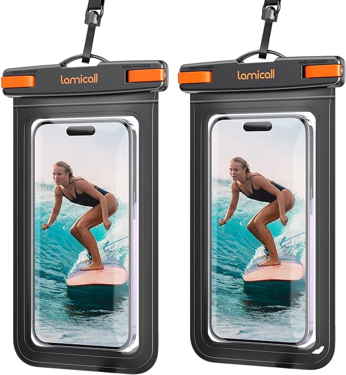 two waterproof phone pouches for iphones or other smartphones that are the perfect gifts for ocean lovers or scuba divers