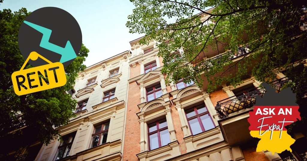 old building style apartments in Berlin with trees on either side with a decrease arrow positioned in the top right hand corner and the word rent written under it