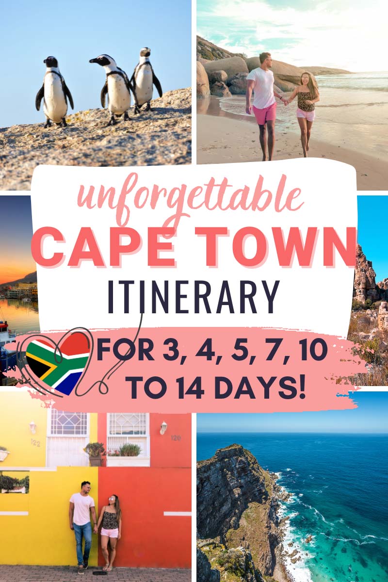 a travel guide for a personalized cape town itinerary for 3, 4, 5, 7, 10 days to 2 weeks with a collage of images from cape town