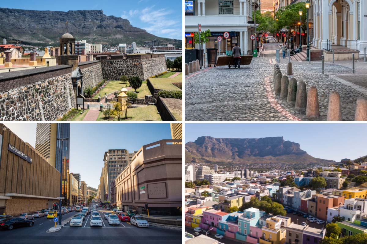 a collage of images from the city centre of cape town including the castle of good hope, greenmarket square, adderley street and bo kaap