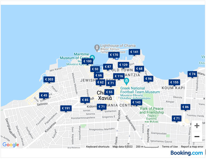 a map that compare hotels prices in chania