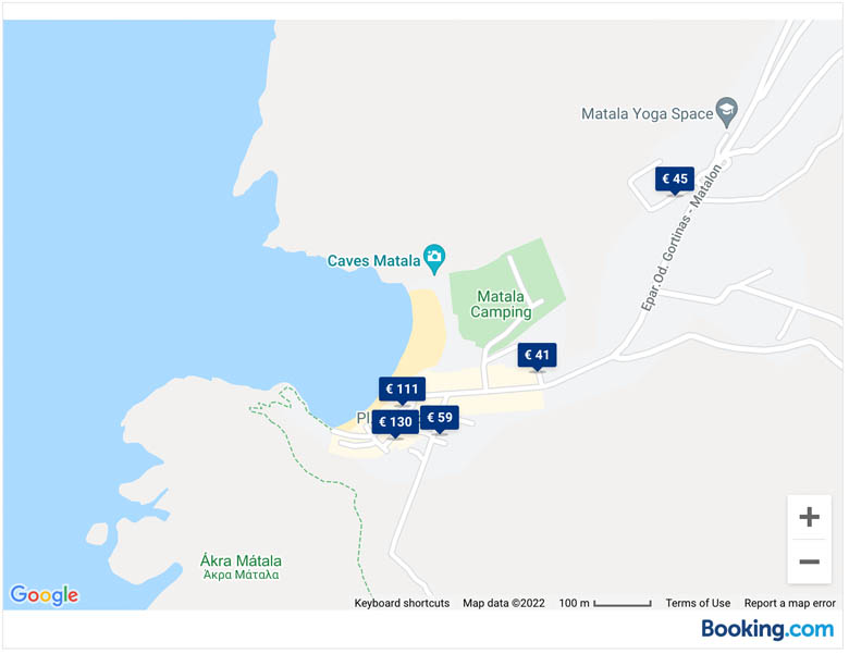 map of matala town with prices for hotels and vacation apartment rentals in south crete
