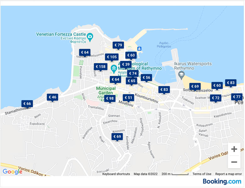 a map that compares hotel prices in rethymno crete greece