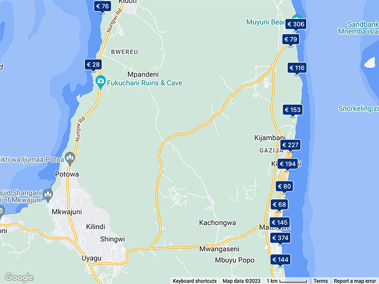 a map that shows where to stay in zanzibar north for scuba diving and how much it costs