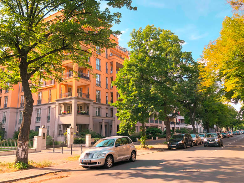 residential suburb in Berlin called Wilmersdorf with lines of trees and family friendly apartments