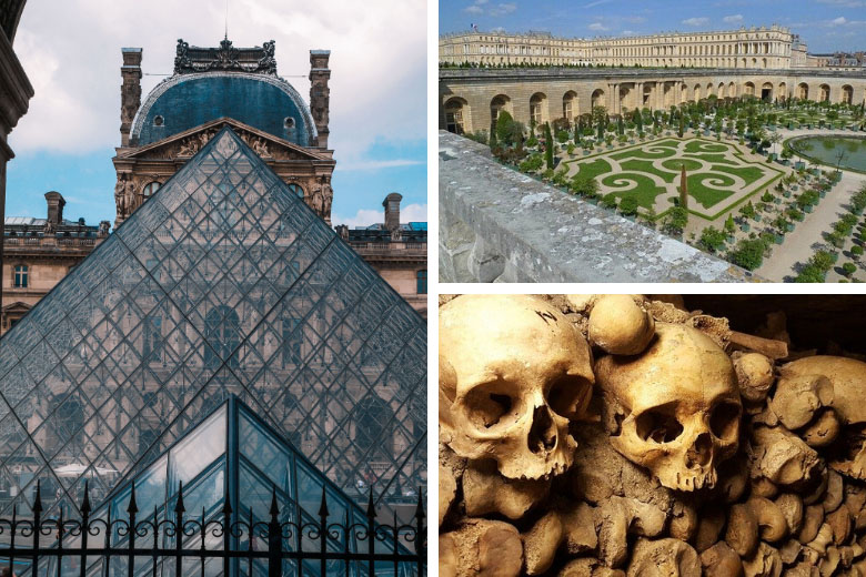 famous sightseeing spots in france include the louvre museum, palace of versailles and the catacombs of paris