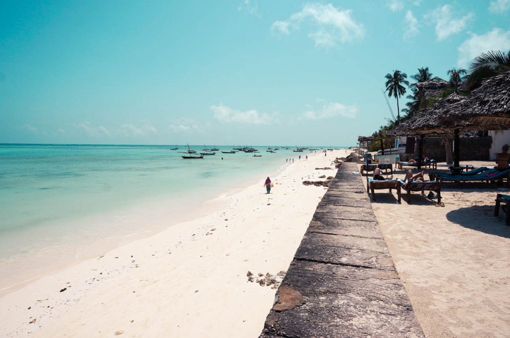 nungwi beach with its turquoise, crystal clear waters and white sand on zanzibar island in front of popular zanzibar hotel doubletree by hilton