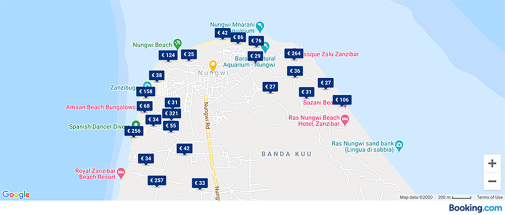 map of zanzibar hotels with prices and room rates per night